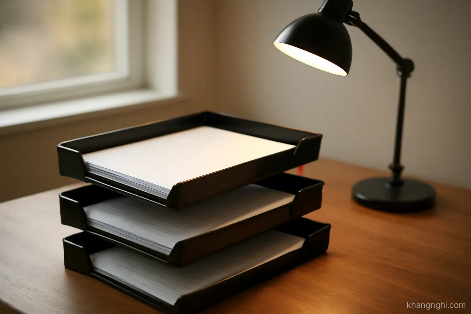 three separate trays on a desk each holding a different kind of paperwork under a single desk lamp