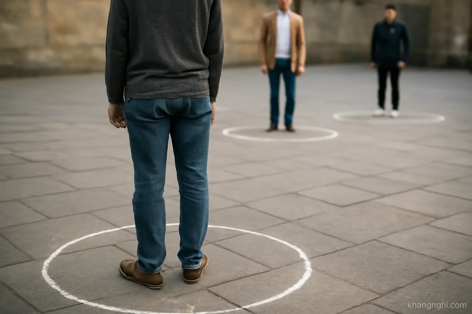 three concentric chalk circles drawn on a courtyard floor with people standing at different distances