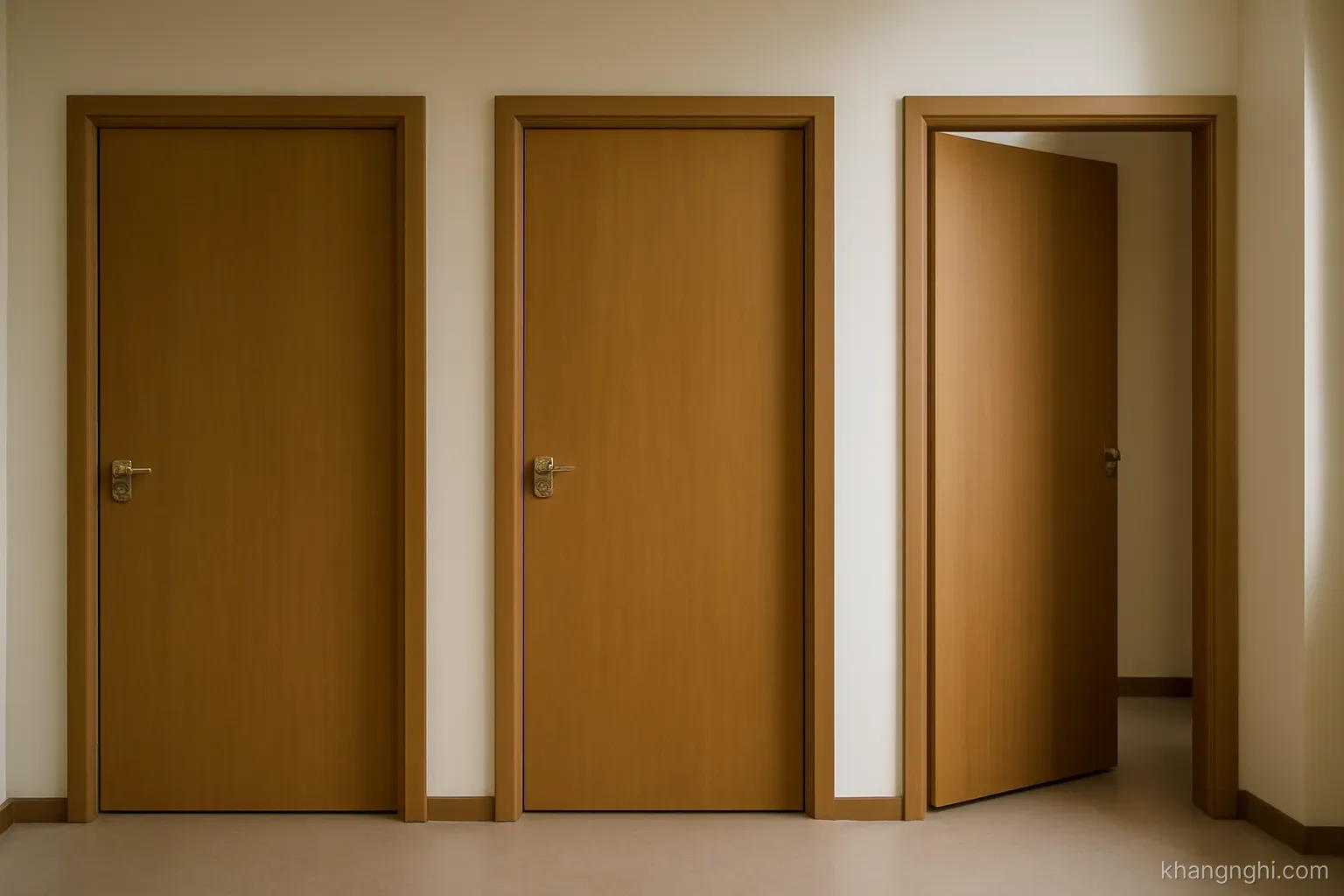 four doorways in a plain hallway, three closed and one slightly ajar, seen straight on