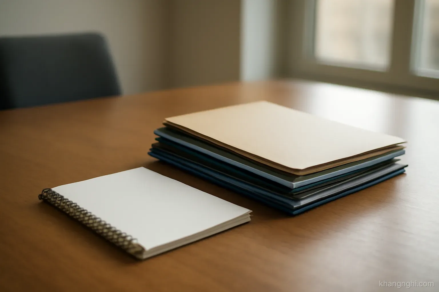 a neat pile of folders and a notebook set on a table before a meeting begins in a quiet room
