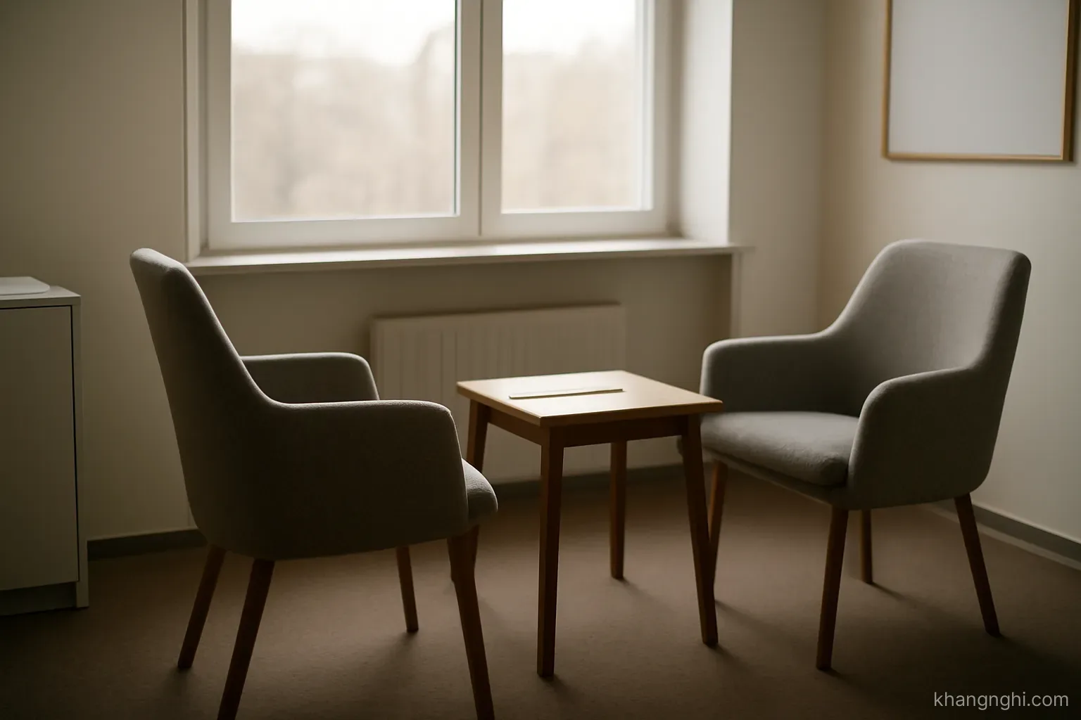 an empty consulting room with two chairs facing each other across a small table near a window