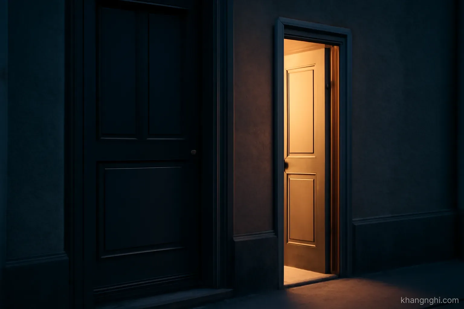 a narrow side door standing slightly open beside a much larger closed main entrance at dusk