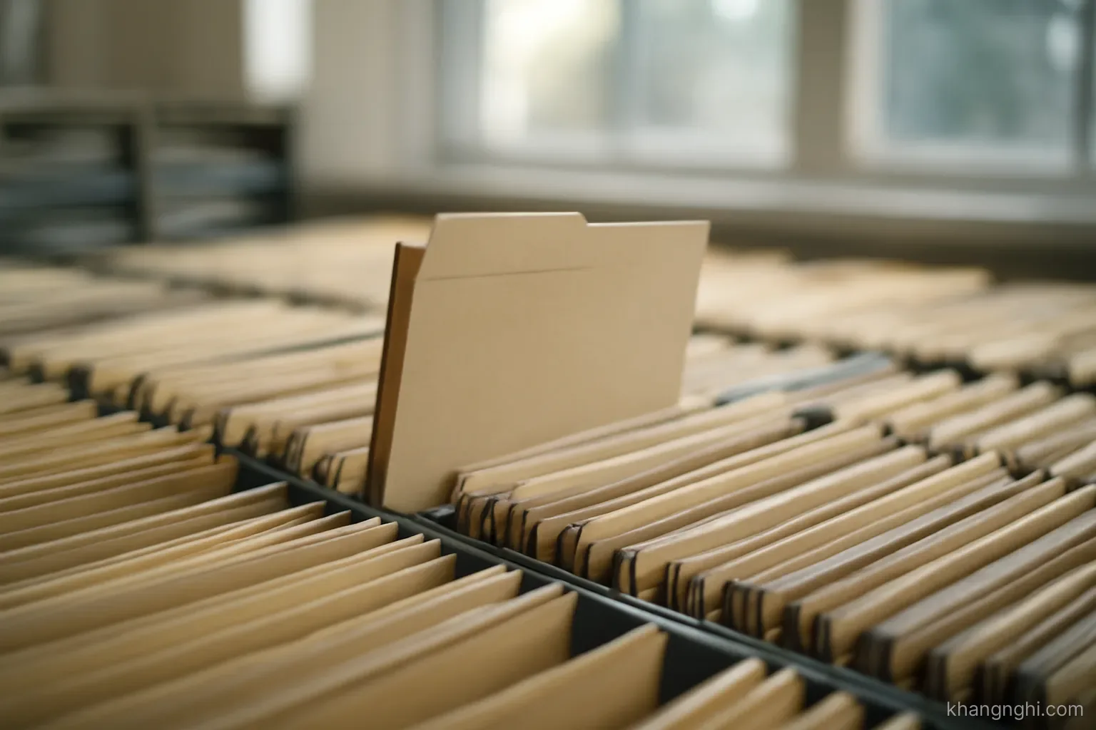 a large filing room where one folder has been pulled out and left standing upright among rows of others