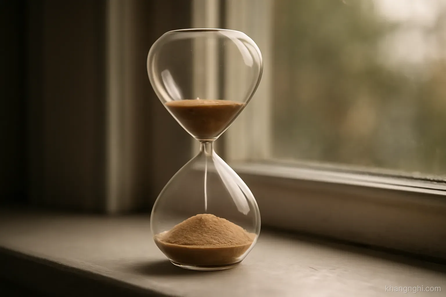 an hourglass standing on a windowsill with most of the sand already fallen to the lower chamber