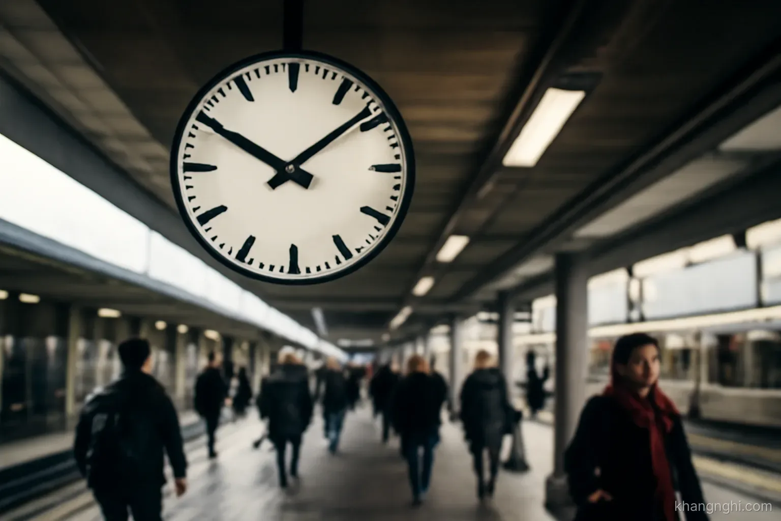 a large clock on a station platform seen from below while commuters hurry past in both directions