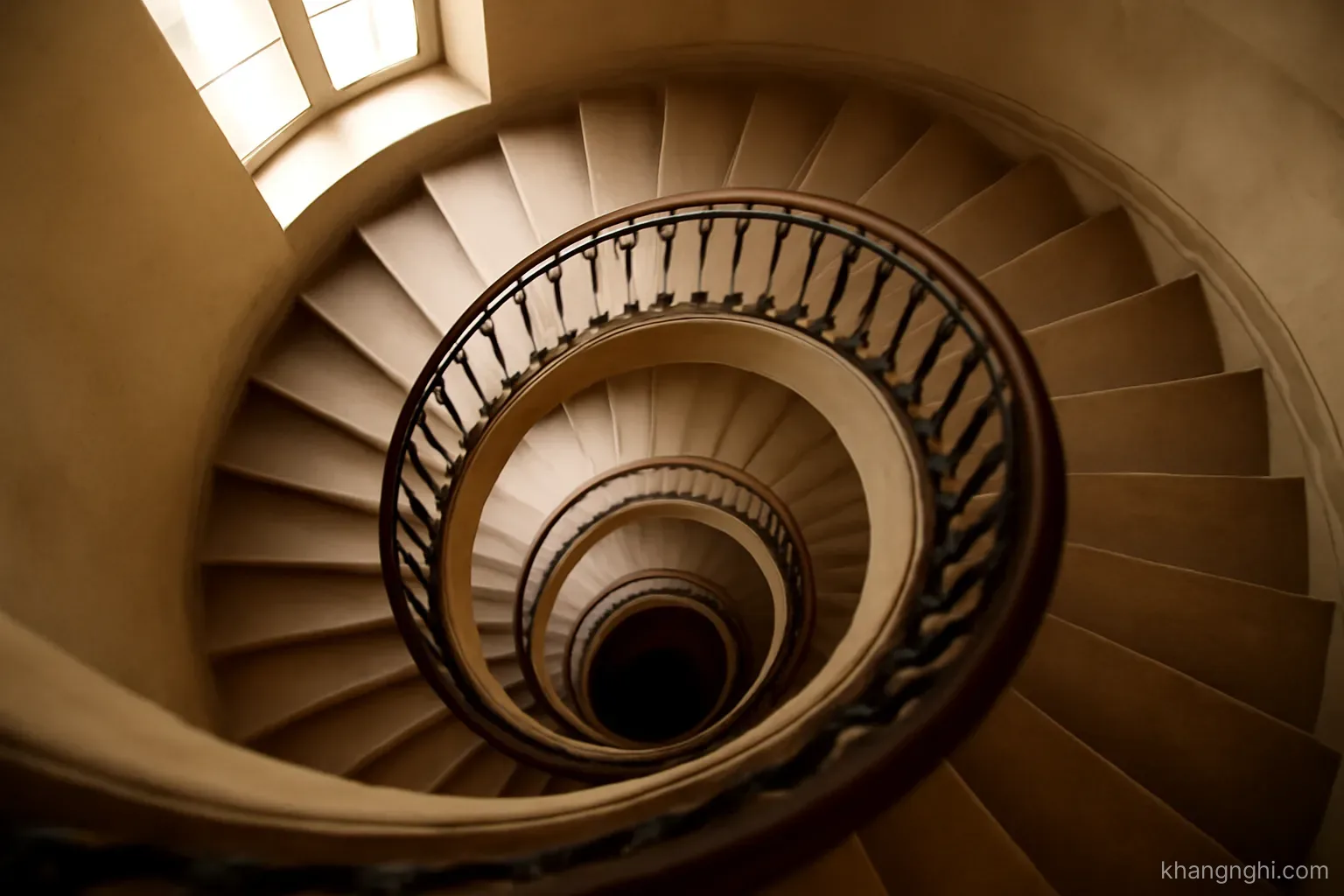 a spiral staircase viewed from above showing the same shape repeating on each level below