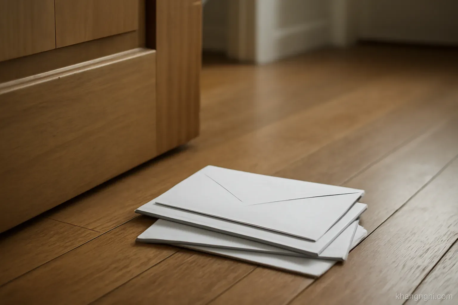 a stack of unopened letters on a hallway floor beneath a door that has just been pushed open