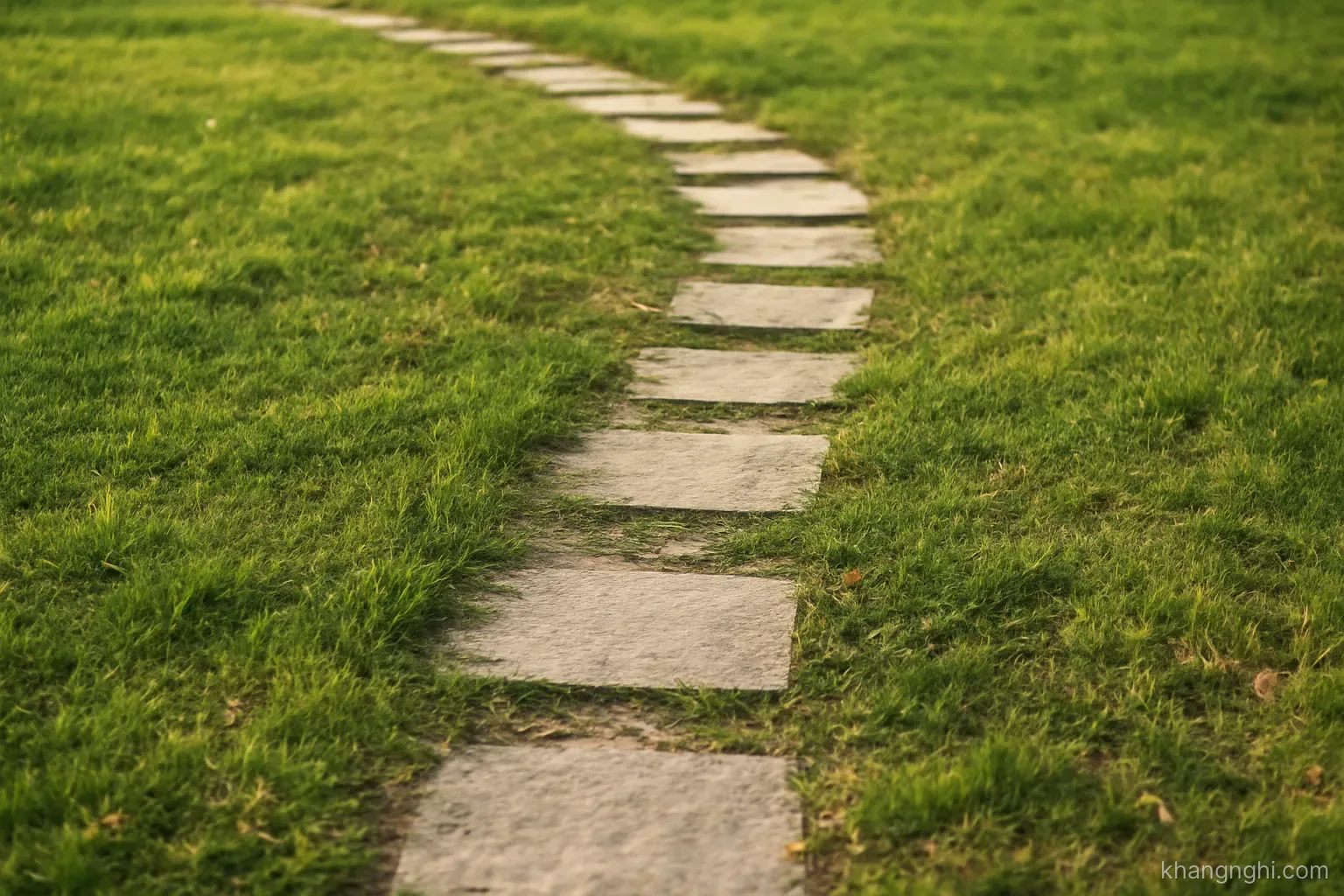 a marked walking path across grass where one section of stepping stones is clearly missing in the middle