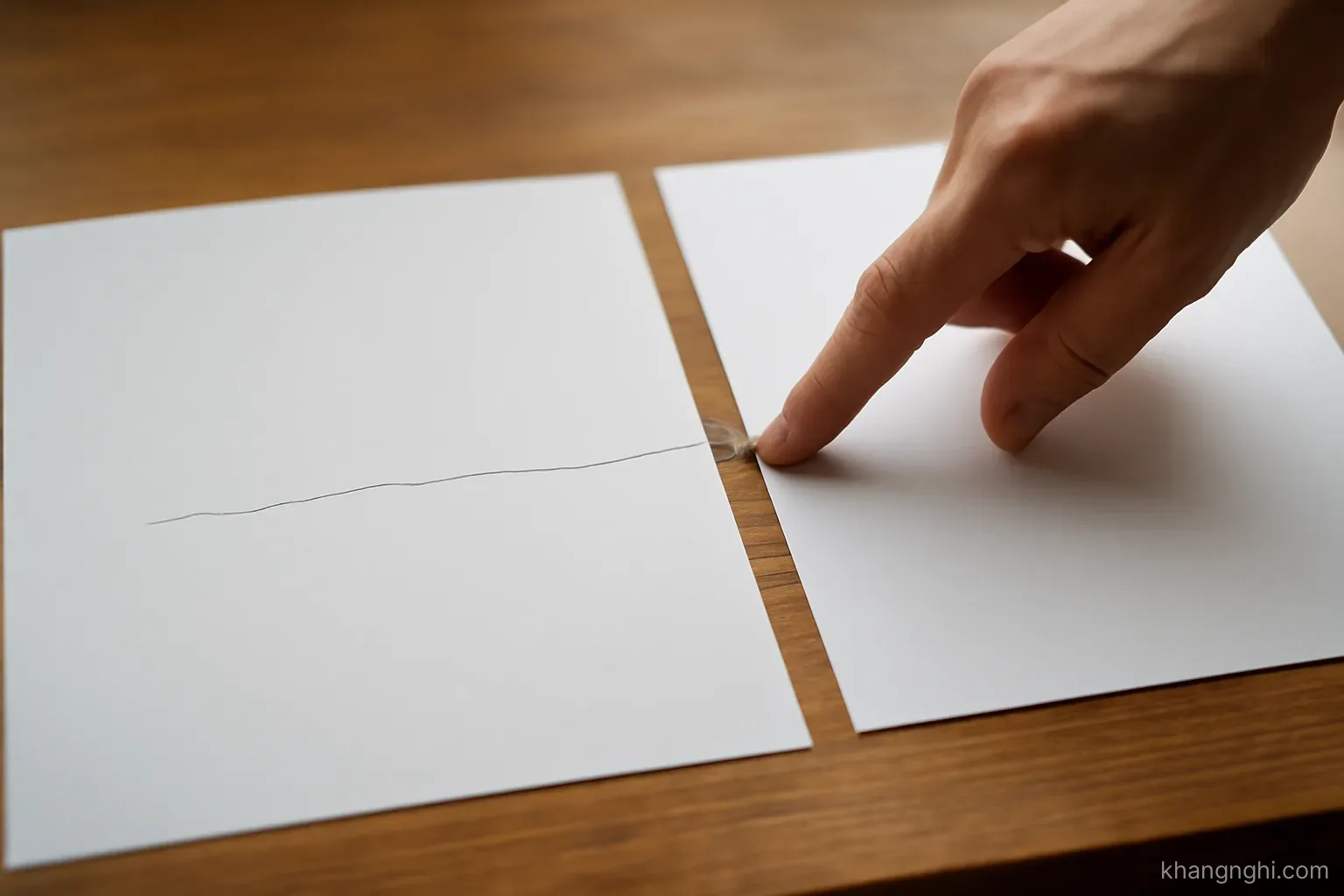 two sheets of paper laid side by side on a wooden desk with a finger tracing a line across both