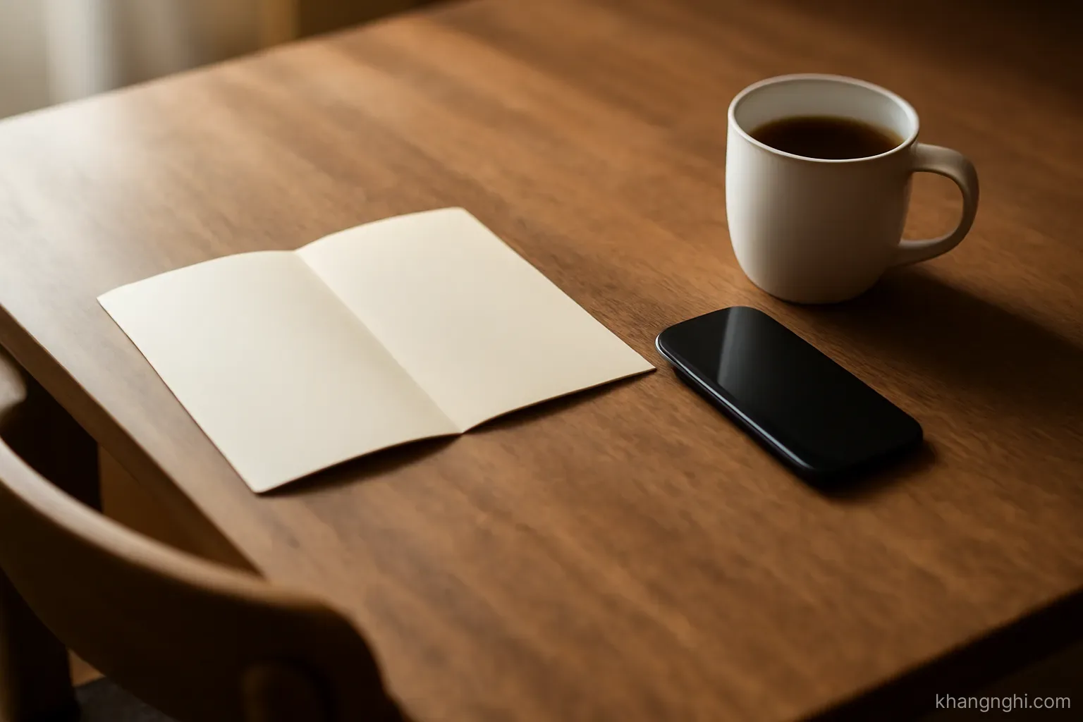 a short letter lying open on a desk next to a phone and a cup, with a chair pulled out beside it