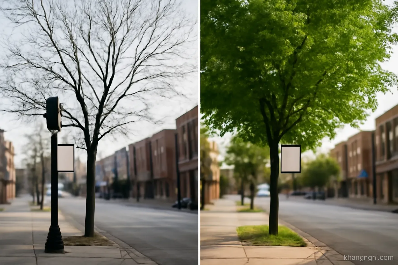 a street corner photographed in two seasons, bare branches on one side and full leaves on the other