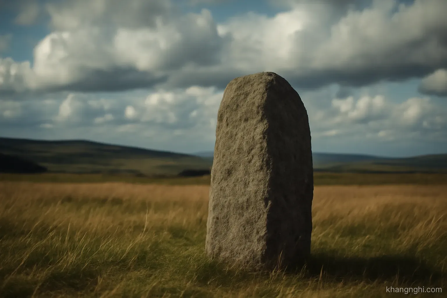 a stone marker standing unmoved in a field while clouds pass over the landscape behind it