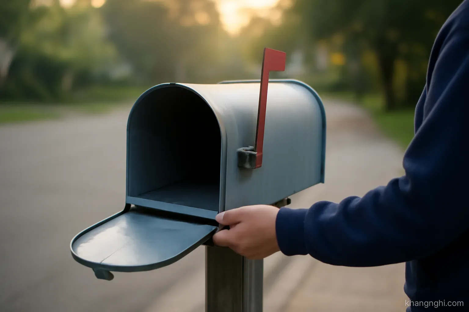 an empty mailbox standing open on a quiet street while a person checks it in early morning