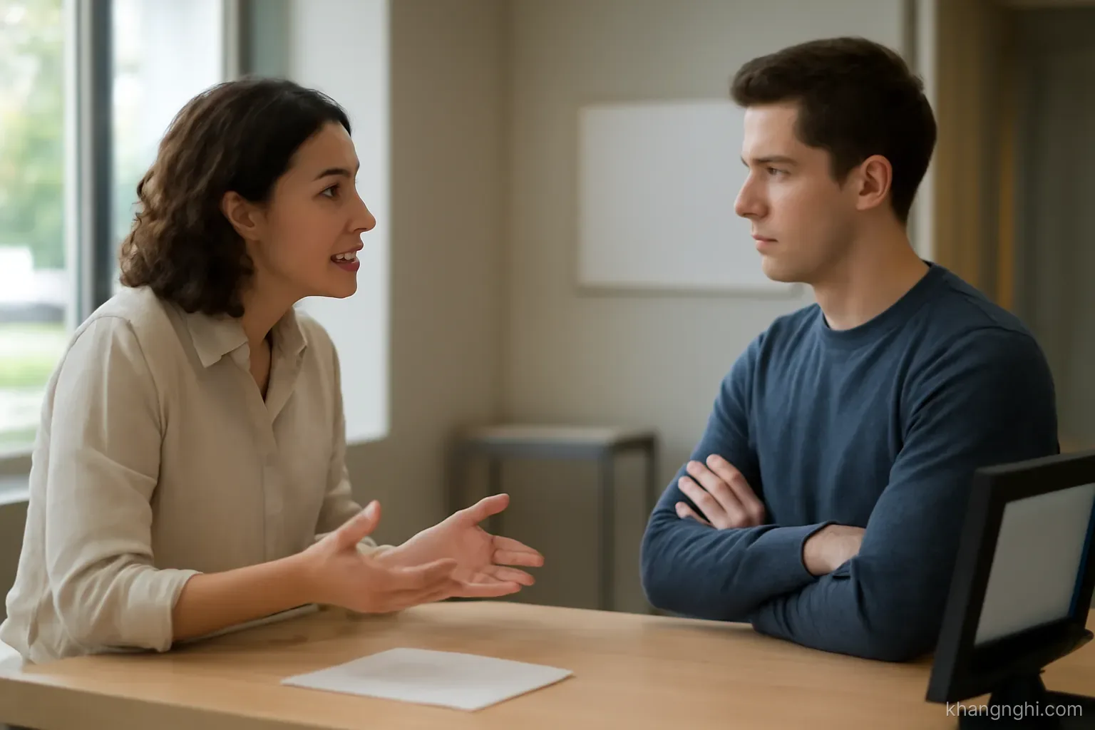 a person standing at a counter mid-sentence while a listener waits with folded hands and a neutral expression