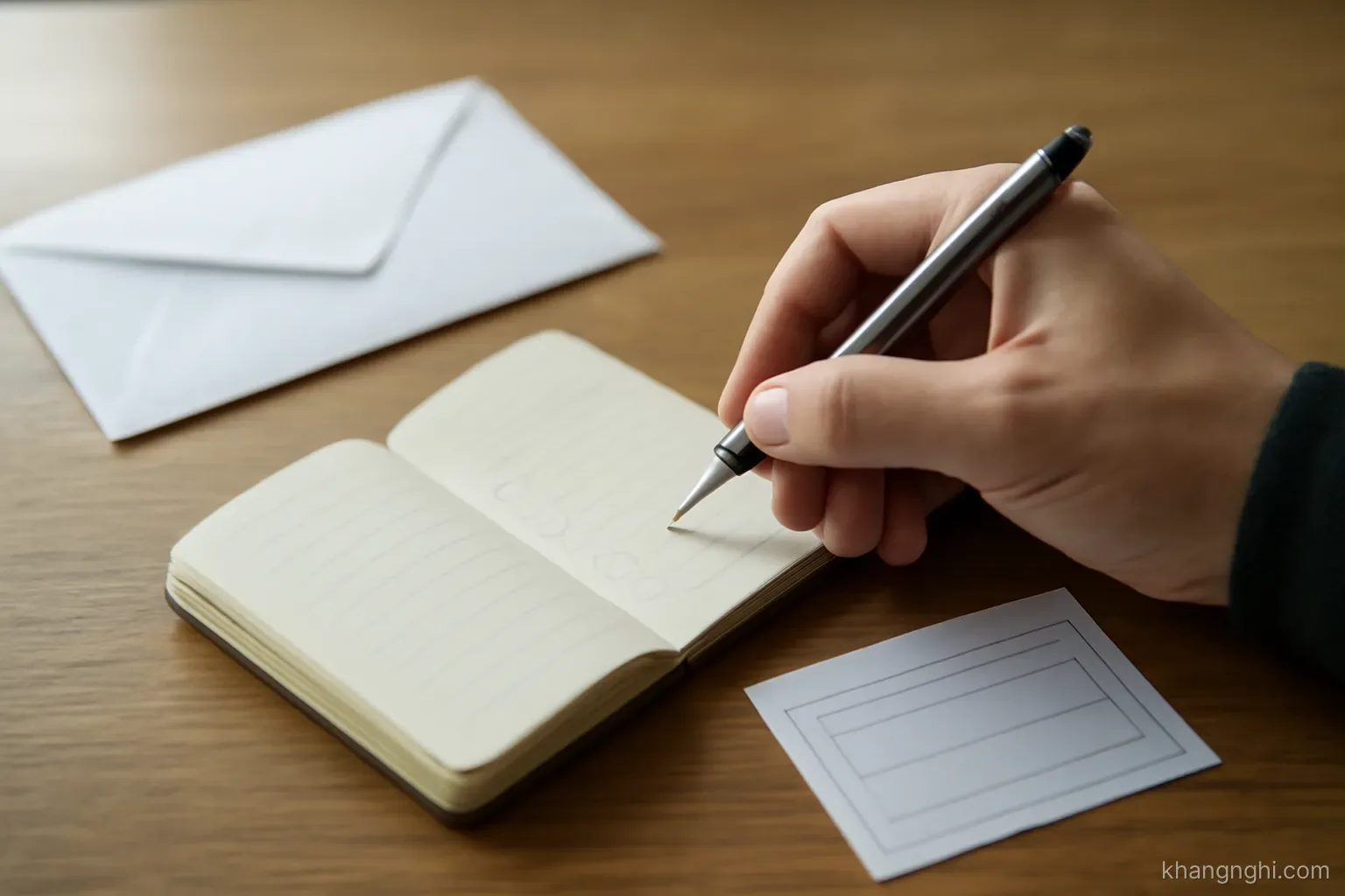 a hand writing dates into a small notebook beside an opened envelope and a delivery slip on a table