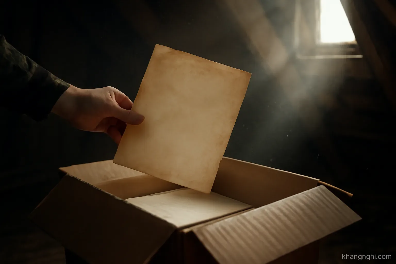 a document being lifted out of an old cardboard box in an attic while dust floats in the light