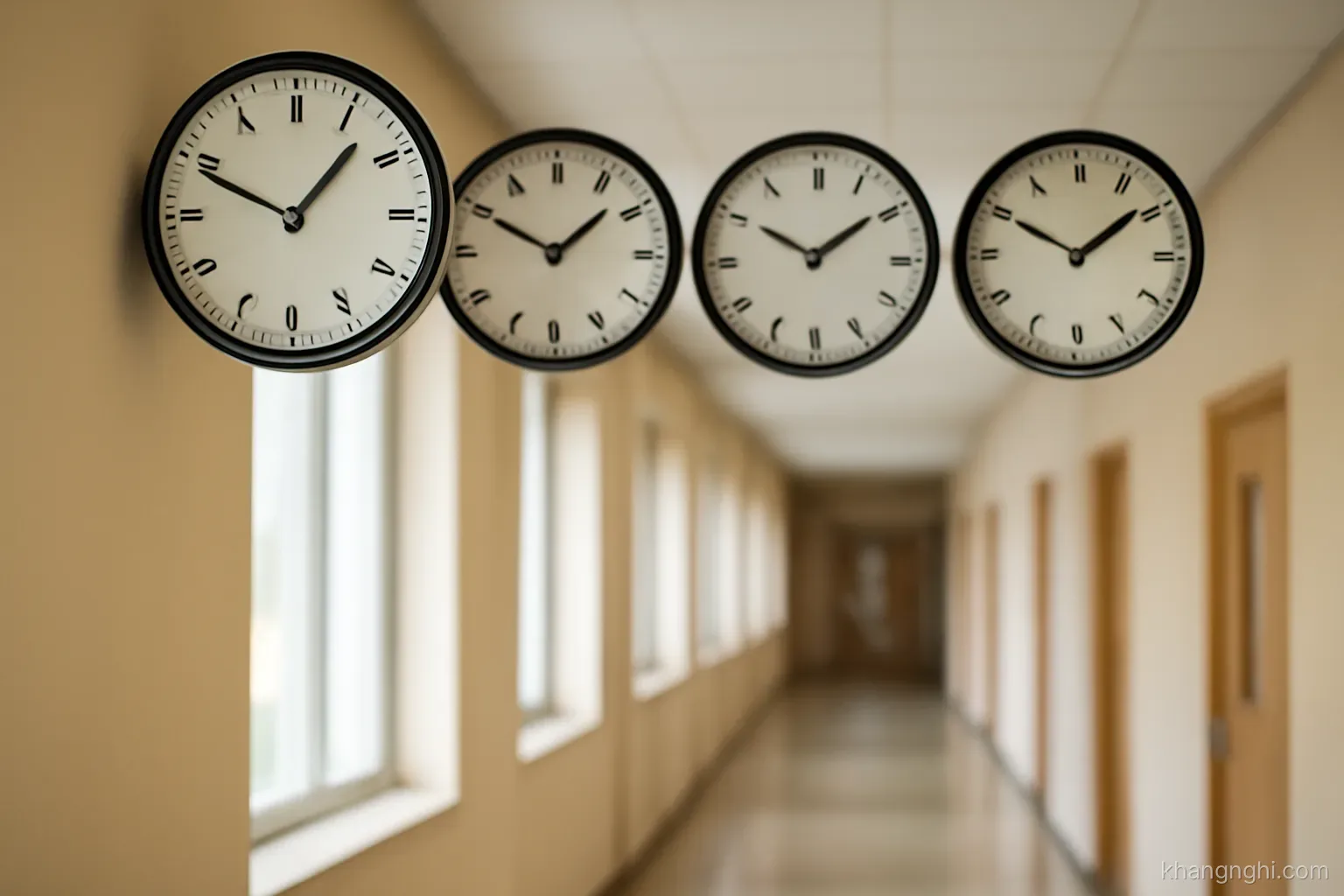 several wall clocks hanging in a row above a corridor, each showing a slightly different time
