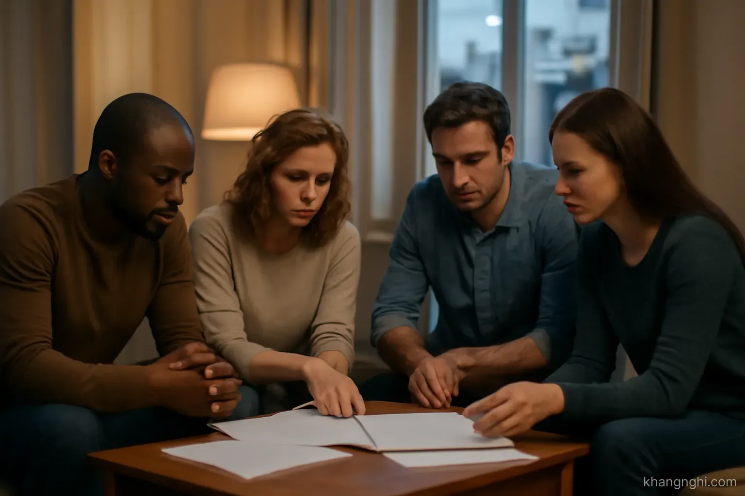four people gathered around one small table in a living room, papers spread between them at evening