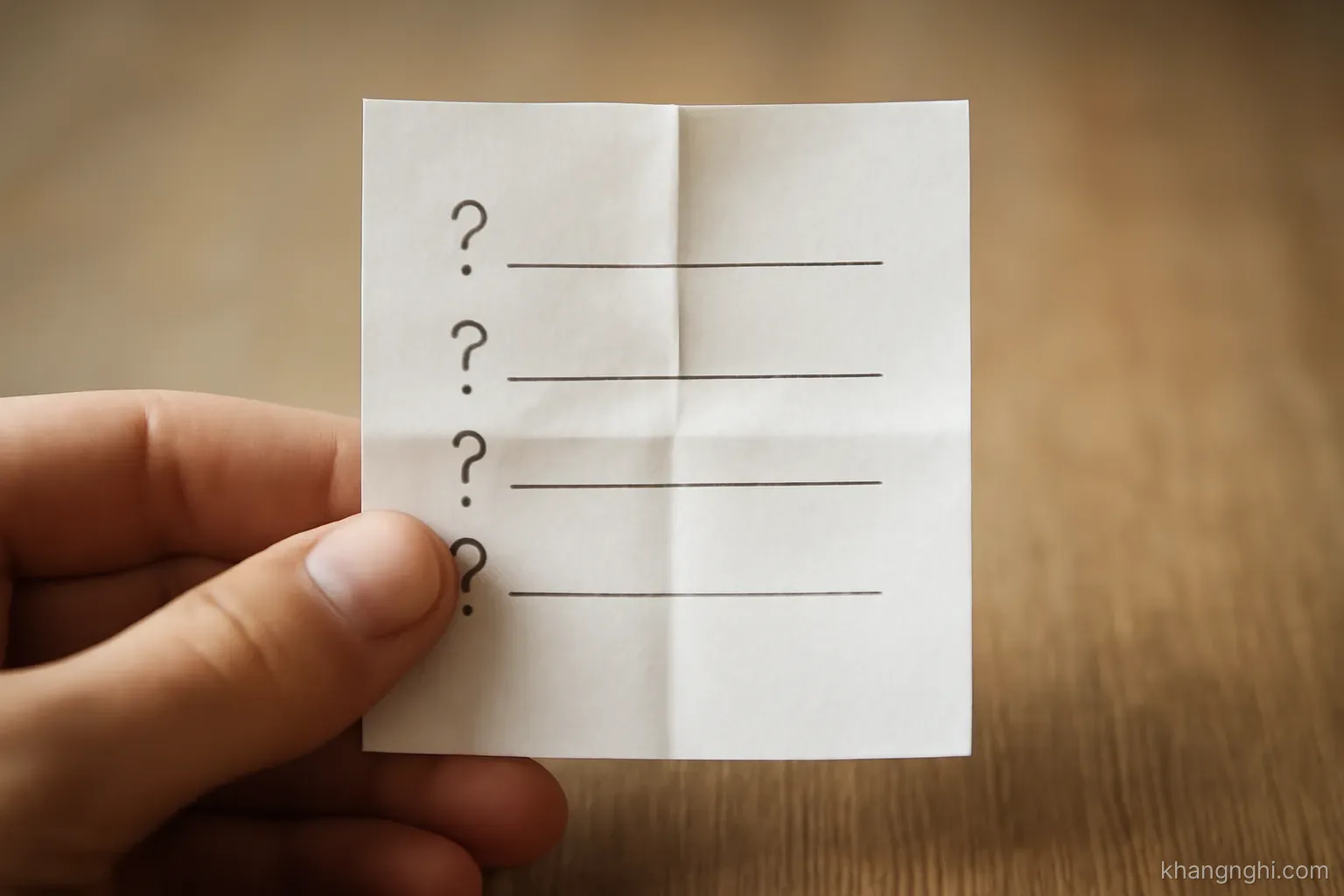 a short handwritten list of questions on a folded sheet of paper held between two fingers above a table