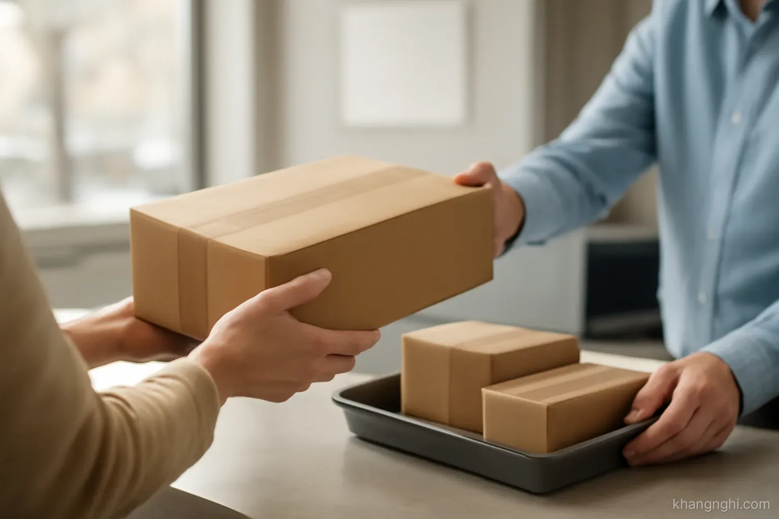 a package being handed across a counter into a tray that already holds several other packages