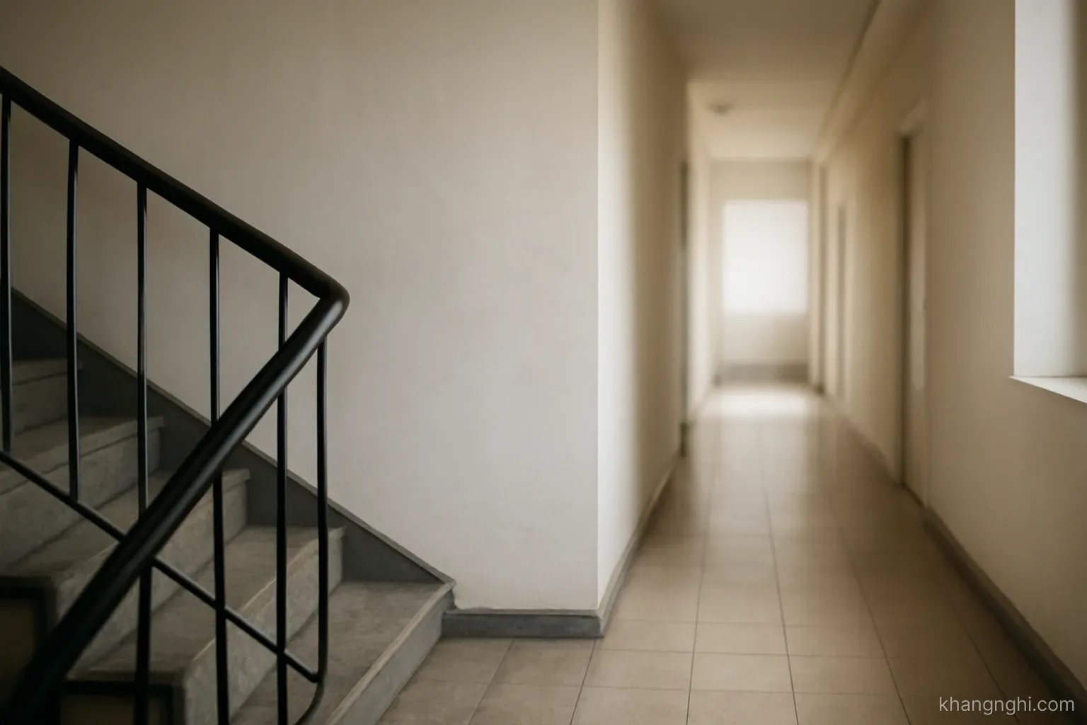 a staircase landing where the steps end at a blank wall while a corridor continues to one side