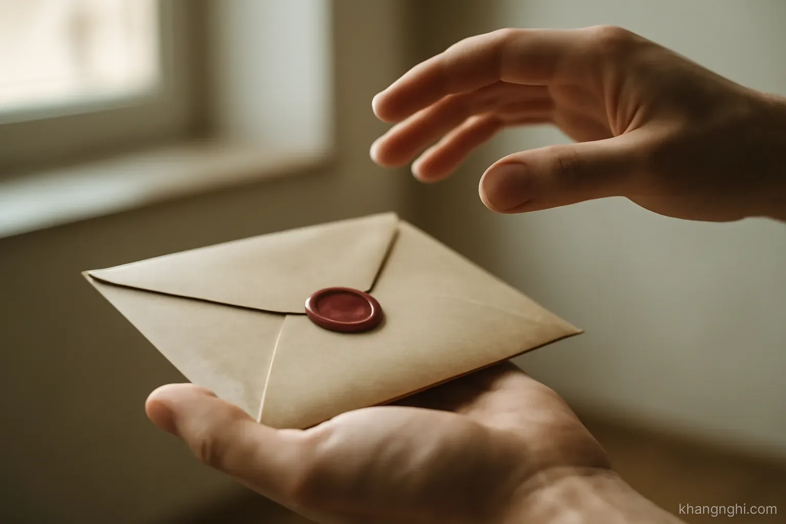 a sealed envelope resting on an open palm while the other hand hesitates above it