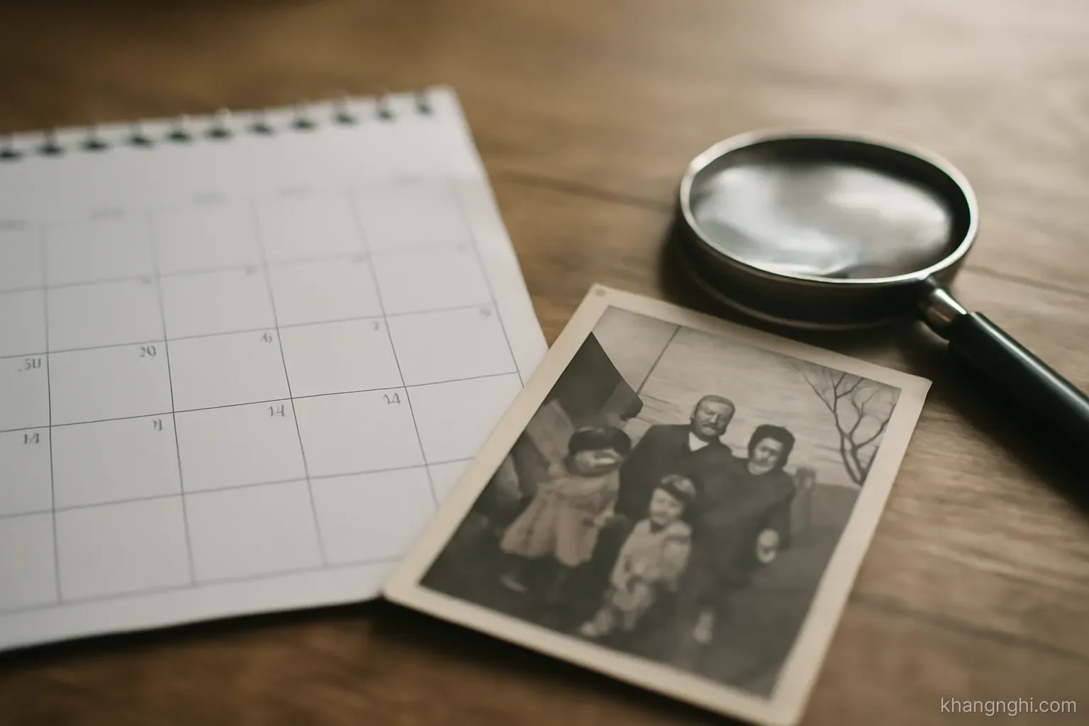 a calendar page and an older photograph lying together on a table beside a magnifying glass
