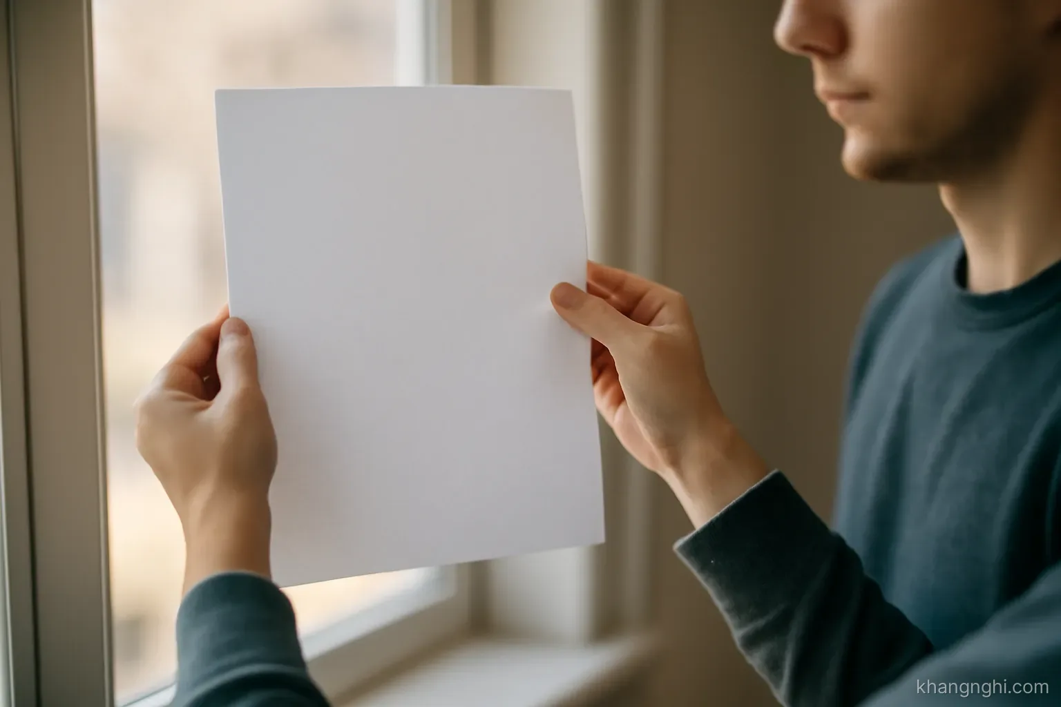 a single sheet of paper held up to window light by two hands while another person waits nearby