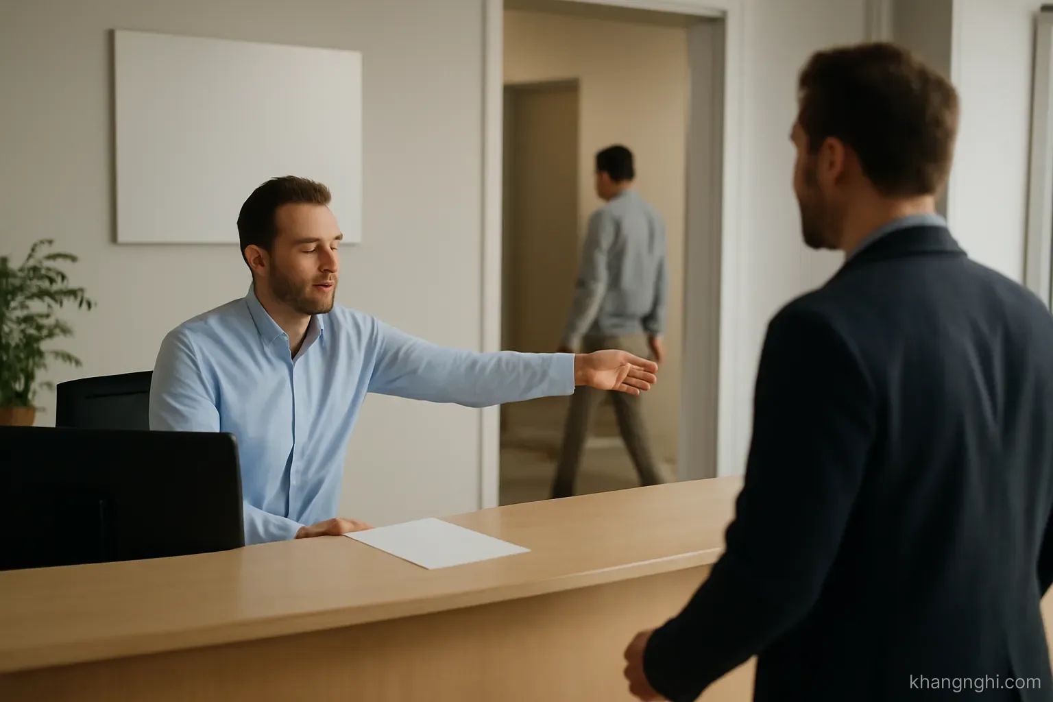 a reception counter where one person is being directed aside while another walks through a doorway behind