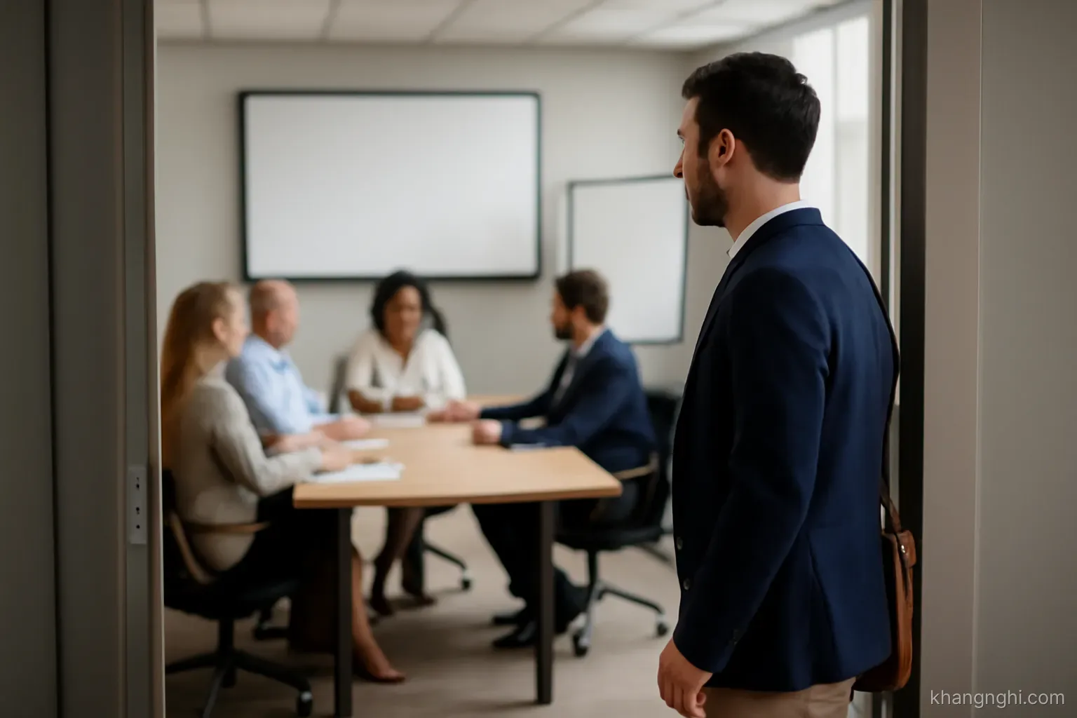 a latecomer standing in a doorway of a meeting room where everyone else is already seated