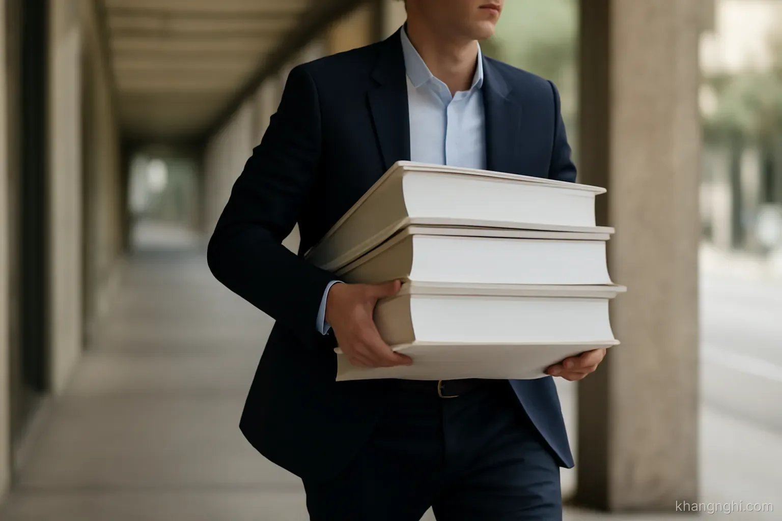 a person carrying several folders at once while walking briskly along a covered walkway in daylight