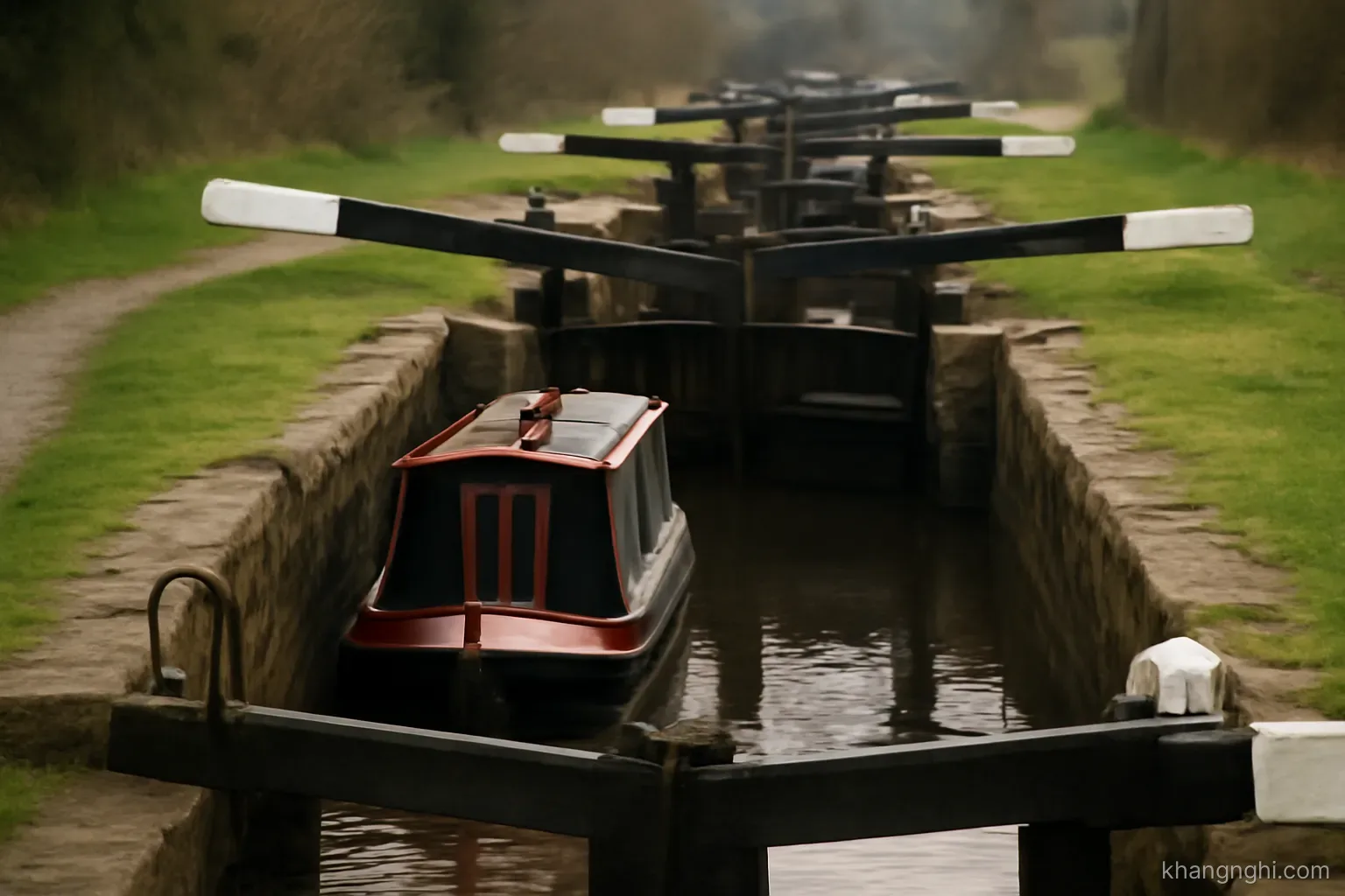 a series of locks on a canal with one boat waiting in the first chamber as the gates stay closed