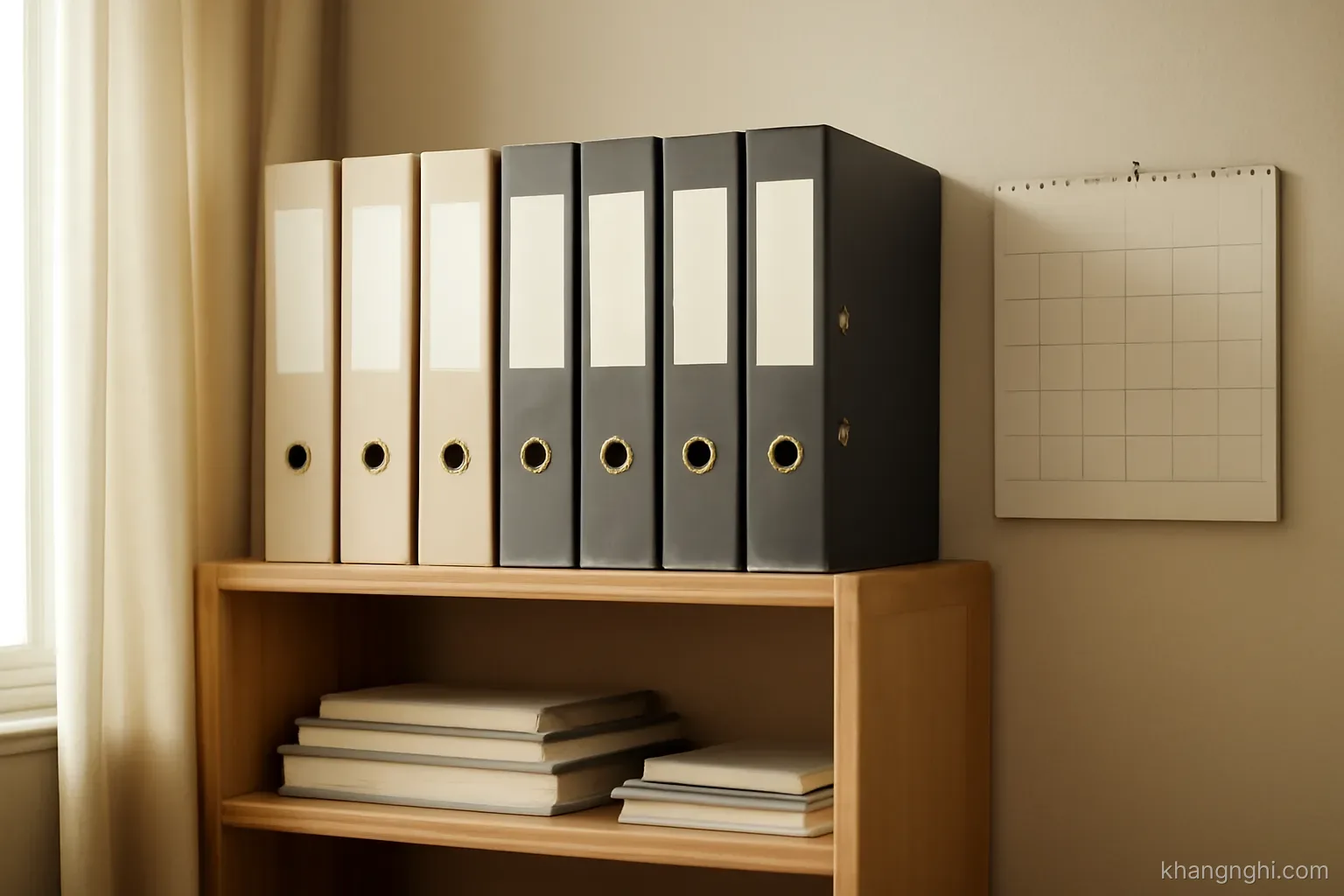 a tidy shelf of labelled folders in a home study with a calendar hanging on the wall beside it
