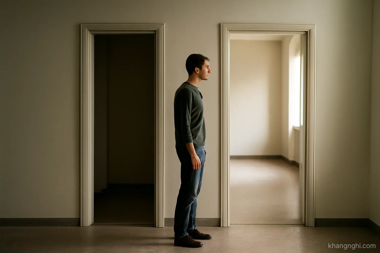 two doorways side by side in a plain corridor, one narrow and one wide, a person pausing between them